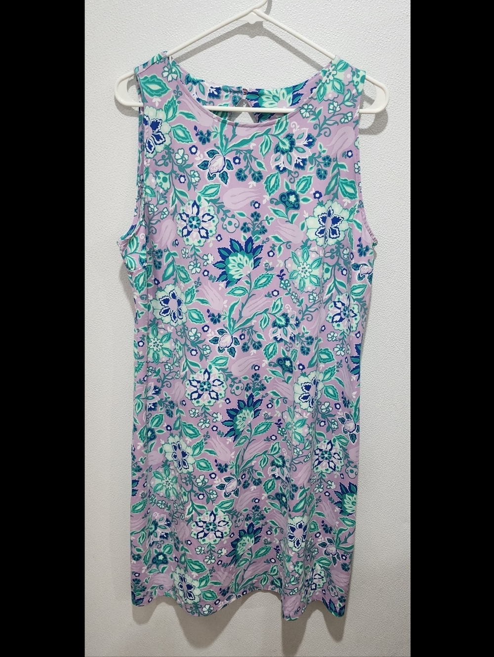 Talbots Shift Dress Size XL Purple Green Floral Stretch Knit Cutout Back